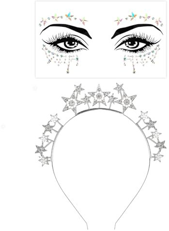 Haarreif Sterne Silber, Strasssteine Haarband Silber Stirnband + Glitzer Gesicht Sticker, Damen Sternen Strass Perlen Haarband Haarschmuck, Glitzer Haarschmuck für Karneval Kostümparty Musikfestival