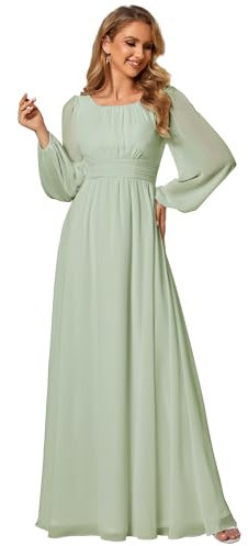 Ever-Pretty Vestito da Sera Donna Lungo Cintura Rotondo Manica Lunga Elegante Abiti da Cerimonia Menta Verde 46