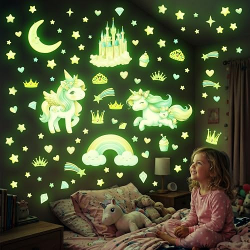 DECOWALL Einhorn Leuchtsticker Glow in the Dark Kinderzimmer (GSD4-8089) | 4 Bögen mit 3 Einhörnern, Schloss, Regenbogen, Mond, Kronen und Sternen – magische Wanddeko fürs Mädchenzimmer