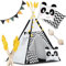 Nukido Tipi Zelt Für Kinder Tippi Kinderzelt Montessori Spielzelt Lesezelt Kinderspielzelt Für Drinnen Mit Lichtern Dekokissen Girlande Schwarz Weiß Gelb 120 x 120 x 160 cm
