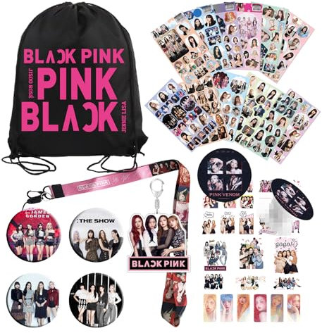 TURYYUER Blackpink Fanartikel: Kpop Merch Set mit Drawstring Bag (40 x 32 cm), Stickern, Lanyard, Schlüsselanhänger, Tattoo-Stickern, Handyhalter & Badge – Perfekt für Blackpink Fans & Kpop Album Lieb