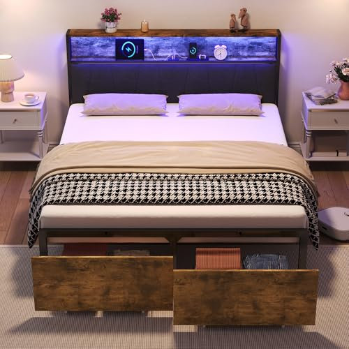Merax 4FT6 Double Bed Frame with Storage Drawers & RGB LED Headboard – Charging Station with USB & Type-C Ports – Sturdy Metal Platform Bed, No Box Spring Needed – Black & Walnut (No Mattress)