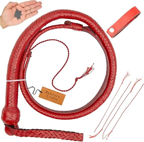 Bantoro Crafts Fouet Serpent Rouge de 3 Pieds/0,90 mètre, Coup de Fouet chargé/craquage Fort, Fouet en Cuir, 16 Tresses tressées