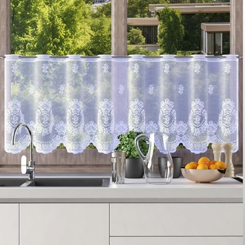 Home Dekorator Scheibengardinen Landhausstil 150x50 cm | Weiß Gardinen Küche | Gardine Küchenfenster mit Blumenmuster | Kurzgardine mit Schlaufen | Bistrogardinen mit Ösen (H229)