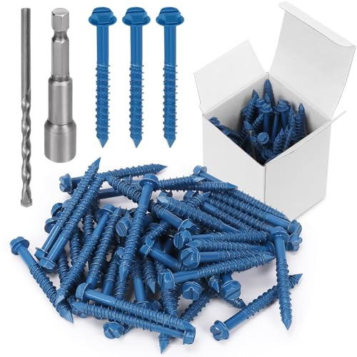 Swpeet Lot de 52 vis à béton à tête hexagonale fendue de 6,35 mm x 8,9 cm avec douille hexagonale et assortiment de forets, vis à ciment autotaraudeuses pour ancrage (1/4×2-1/4)