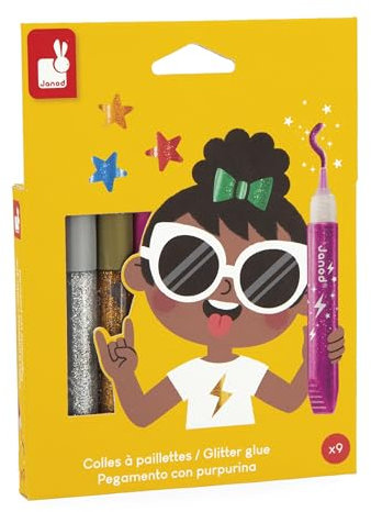 Janod - 9 Tubes de Colles à Paillettes pour Enfant - Forte Densité de Paillettes - Coloris Assortis dont Or et Argent - Idéal Loisir Créatif, Dessin, Activités Manuelles - À Partir de 3 ans - J07418