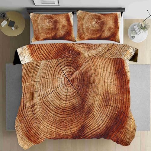 LLponhg Bettwäsche 155x220 Naturliche Baumscheiben Muster Bettwäsche Set Weich Microfaser Kuschelige Bettwäsche, Wendebettwäsche Braun Bettbezug und Kissenbezug 80x80cm mit Reißverschluss