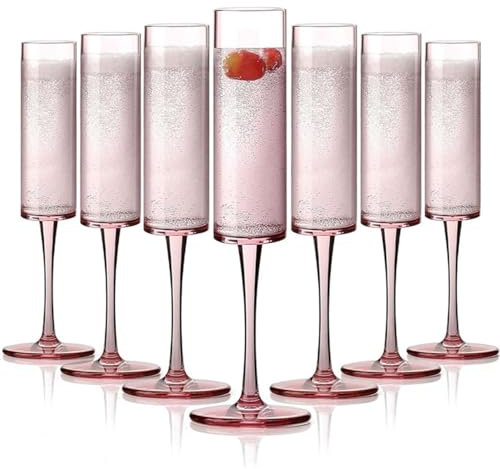 MEKLITRZ Lot de 8 flûtes à champagne en plastique cristal rose – Verres à pied incassables – Gobelets à champagne réutilisables pour vin pétillant, mariages et cocktails – 177 ml
