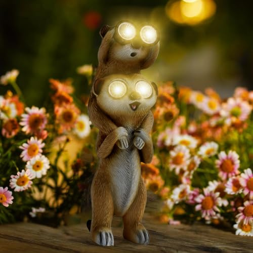 Tuzsocr Frosch Gartenstatuen mit LED Fernglas, Solar Erdmännchen Figur Garten Deko, Lgel Gartenfiguren für Draußen, Wetterfeste Harzskulptur Tierstatuen für Rasen, Hof, Terrasse, Fensterbank (Mungo)