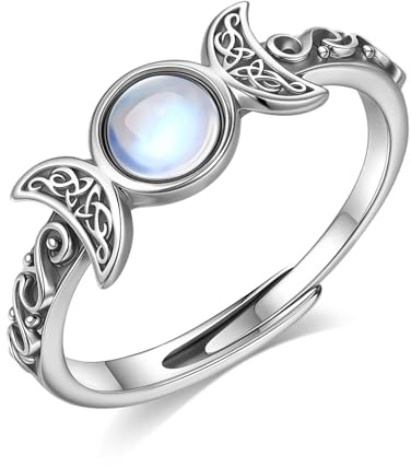AEONSLOVE Verstellbarer Lebensbaum Ring Damen Silber 925, Mondsteinring für Mädchen Frauen, Offener Ringe mit Hexen Knoten/Claddagh/Blatt/Dreifacher Mond Wicca/Umarmung/Feder