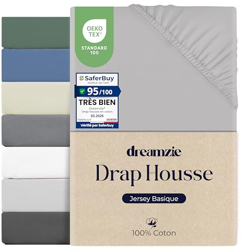 Dreamzie Drap Housse 70x200, Coton, Élastique, Oeko-Tex, Gris | Coton respirant・Élastique & Oeko-Tex・Prix accessible・12 coloris・Lavable en machine