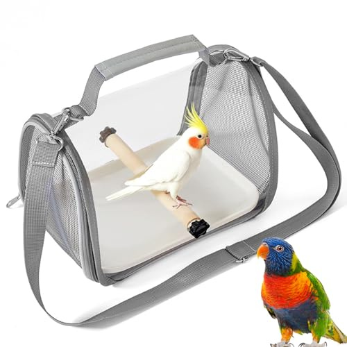 Boîte de transport pour oiseaux avec bâton en bois, sac à dos léger pliable pour oiseaux, avec perroquet, perruche, petits animaux, pour voyage, randonnée, camping (26 x 19 x 19,5 cm)