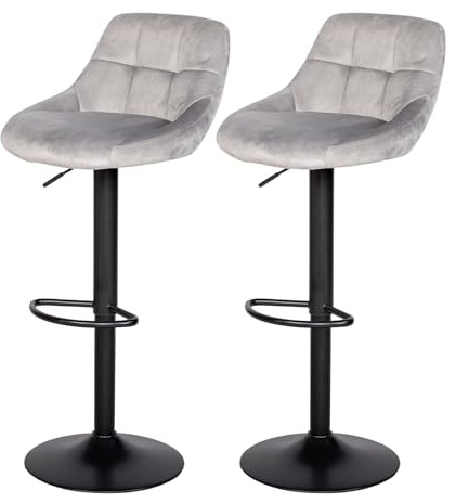 buybyroom Taburetes Altos de Cocina, Juego de 2 Taburetes de Bar Regulable Altura con Respaldo y Reposapiés, Giratorio 360°, Sillas Altas para Isla Cocina Barra Comedor, Terciopelo suave y cómodo,Gris