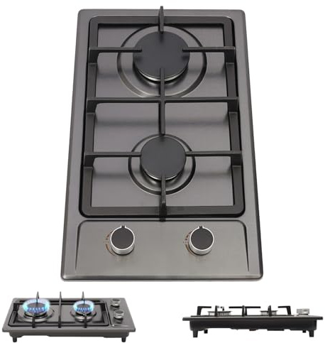 TONFEION Gaskochfeld 2 Flammig aus Edelstahl, für Erdgas & Flüssiggas, 3KW + 1.75KW, Arbeitsplatte/Einbaumontage, 51x31x10cm, Tragbarer Gasherd für Camping und Wohnmobil (Schwarz)