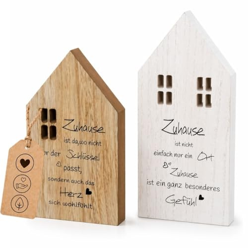 Dekoaufsteller Zuhause Holz 2er Set • Deko Haus 20/25 cm • Wohnzimmer Tischdeko bemalt in Natur Weiß • Holzhäuser mit Spruch - Schlüssel, Herz • Geschenkidee Aufsteller für Tisch, Regal, Sideboard