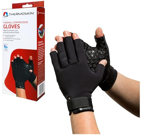 Thermoskin Arthrose Handschuhe fingerlose Kompressionshandschuhe mit Trioxon Thermofutter, Schmerzlinderung Arthritis, anatomisch geformt für Damen und Herren, Schwarz, 1 Paar