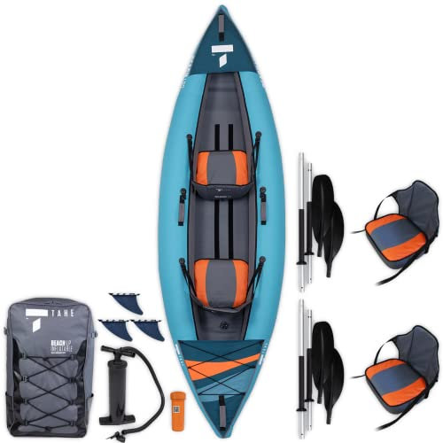 TAHE Beach LP2 Premium aufblasbares 2 Personen Kajak Komplettpaket inklusive Kajak, Sitze (2), Paddel (2), Pumpe und Reise-/Aufbewahrungstasche, Blau (107255)