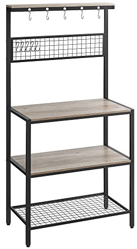VASAGLE Bakers Rack, Coffee Bar, Kitchen Storage Shelf Rack with 10 Hooks, 3 Shelves, Adjustable Feet, for Microwave Oven, 33.1 x 15.7 x 66.9 Inches, Industrial, Greige and Black UKKS017B02