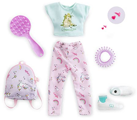 Corolle 9000610030 - Girls Zubehörset Fantasie, Outfit mit Einhorn Print, mit Ohrringe, Haargummi, Rucksack und Bürste, 9 Teile, für alle 28cm Corollepuppen, ab 4 Jahren