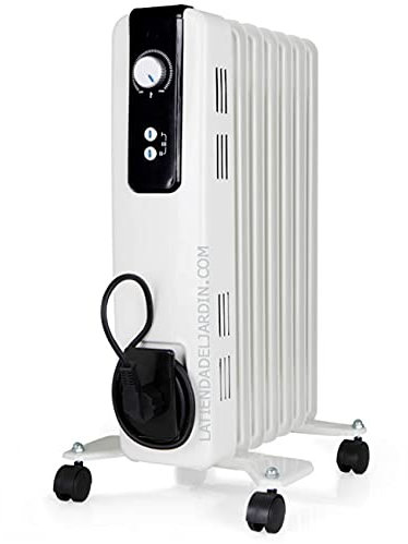 Radiador de aceite 7 elementos. Potencia máxima 1.500 W. Termostato regulable. 3 potencias de calor: 600W- 900W- 1500W.