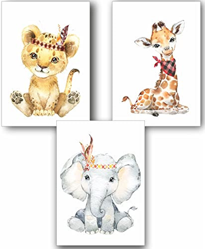 Manschin-Laserdesign 3er Set Wandbilder Kinderzimmer Poster | Din A3 & Din A4 | Babyzimmer Deko Mädchen Jungen Bilder Dekoration Aquarell Waldtiere skandinavisch (Din A3, P1006)