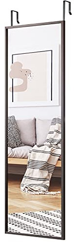 RELAX4LIFE Miroir Porte Suspendu avec Crochets de Suspension pour Porte, Miroir Accroche Porte Longueur Réglable en Hauteur pour Chambre, Salon, Blanc/Noir/Brun(107,5 x 36,5cm, Brun)