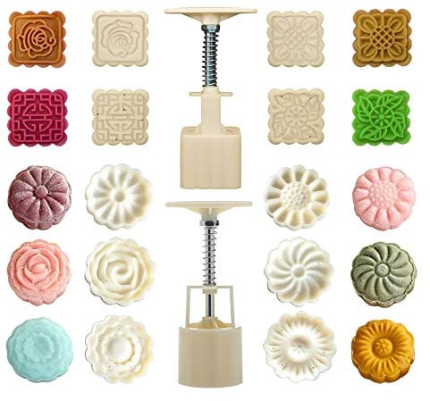 Niaciswe Molde para Pastel de Luna Mooncake Molde 2 Piezas Mooncake Mold Press 50g Máquinas Formadoras de Pasteles de Luna con 10 Piezas Redondos Sellos de Flores Square Flower Moon Cake Molde 3D