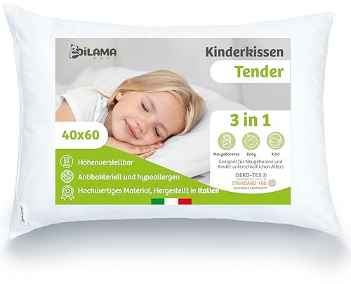 Dilamababy Kinderkissen 40x60 cm - Ergonomisches Kopfkissen Kinder mit Verstellbarer Höhe & Faserbällchen - Premium Perkal-Baumwolle 100% Öko-Tex - Hypoallergen & Anti-Milben, Waschbar