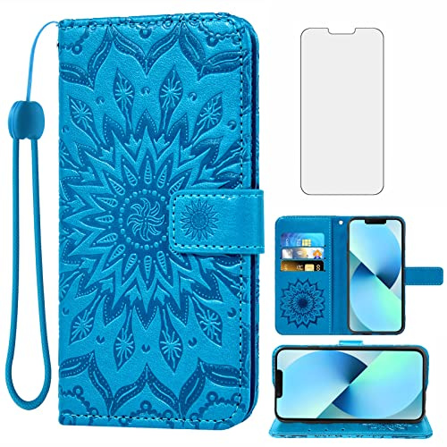 Phone Case for iPhone 13 Mini 5.4 inch Wallet Cases with Tempered Glass Screen Protector and Leather Slim Flip Cover Card Holder Stand Cell Accessories iPhone13mini i iPhone13 13mini Women Men Blue