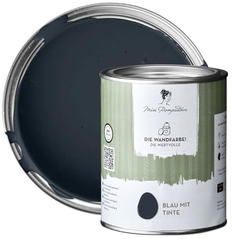 MissPompadour stumpfmatte Wandfarbe Blau mit Tinte 1 L, für Innen | Edles Finish, spritzfrei, wasserbasierte Innenfarbe, einfach zu verarbeiten, hochdeckend