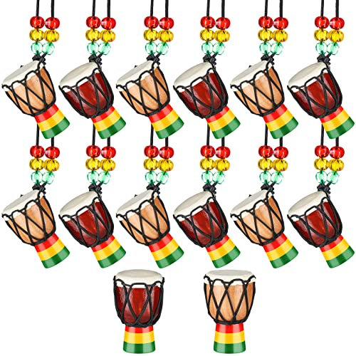 14 Stück Djembe-Trommel-Halsketten Handtrommelhalsketten aus Holz klassischer Mini-Instrumenten-Anhänger afrikanische Trommel afrikanische Bongos Percussion Halskette für Trommelkreis Kinder