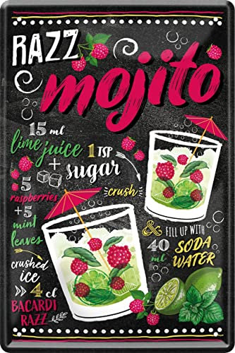 WOGEKA ART Retro Blechschild - RAZZ MOJITO - BACARDI Cocktail Rezept als Geschenkidee zum Geburtstag Weihnachten als Deko Schild für Haus Bar Pub Kneipe 20x30 cm Vintage Metallschild 395