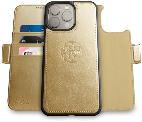 Dreem Vegan Leather Magnetic Detachable Wallet Case for iPhone 14 Pro Max | Built-in Phone Stand, RFID Blocking Card Holder Flip Cover, MagSafe Compatible, Gift Box [Fibonacci: Gold]