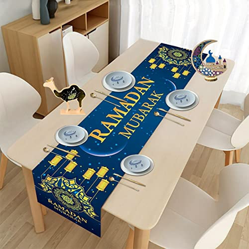 Eid Ramadan Mubarak Tischläufer, Eid Mubarak Tischläufer Baumwolle 35 x 188cm, Stern, Mond, Moschee, dekorative Polyester-Tischdecke, Eid Mubarak Ramadan Dekoration Zuhause Esszimmer Dekoration (Blau)
