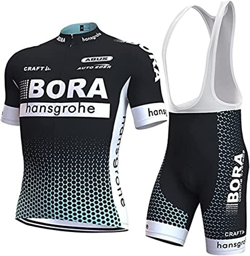 BBNNM Herren Fahrradtrikot Set Fahrradhemd Kurzarm Full Zip Voller Reißverschluss Professionelle Teamkleidung und Latzhose mit 3 Taschen hinten (XL, ID09)