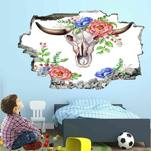 Wandtattoo 3D Smashed Art Decor Totenkopf Wandtattoo Kunst Vinyl Wandaufkleber Blume für Mädchen Kinder Schlafzimmer Kinderzimmer Wohnzimmer Aufkleber Wandbild Zuhause Geschenk
