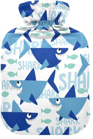 Wärmflasche mit Hai-Motiv, Blau mit Bezug, Wärmflaschen zur Schmerzlinderung, Handfüße, Wärmer, Heißpackung für Krämpfe, 1 l