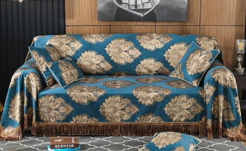 Ayoiow Sofabezug Wasserdicht Bezug Sofa Blau Sofahusse 3Sitzer Chenille Jacquard Blumenblatt Mit Quaste