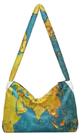 Flauschige Tragetasche aus Kunstfell, Vintagle-Weltkarte, Fell-Handtasche mit Reißverschluss, weicher Plüsch, Umhängetasche, flauschige Tasche für Damen und Mädchen, A388, Large