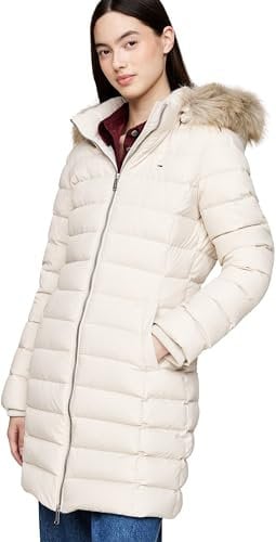 Tommy Jeans Damen Daunenmantel Essential Hooded Down Coat mit Kunstpelz, Elfenbein (Newsprint), S