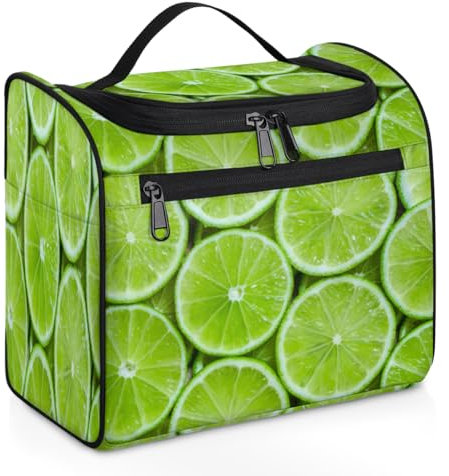 Beauty case da viaggio con fette di limone e lime, per donne, uomini, bambini, ragazze, ragazzi, verde limone, 11,2 l, borsa da toilette da appendere borsa da bagno organizer per articoli da toeletta