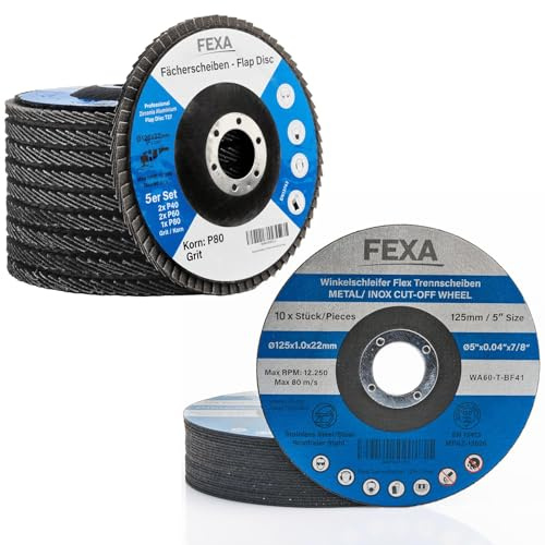 Fexa Trennscheiben Fächerscheiben Set 125 - Fächerscheibe Körnung 40/60/80 Set 5 Stück - 10x Trennscheibe Fächerscheiben für Winkelschleifer - Blau, Inox 125 mm