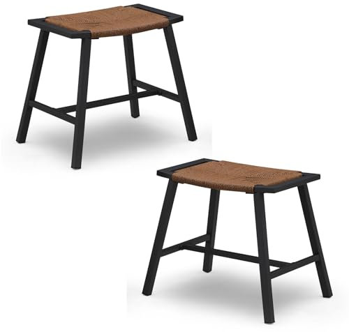 KAIRUITUCH 18 Stools Set of 2, Dining Table Height Chairs Short Stools, Backless Kitchen Saddle Small Stool for Island, Outdoor Brown Rope Weave Pattern Seat Black Metal Waterproof Powder Coat,818DDB