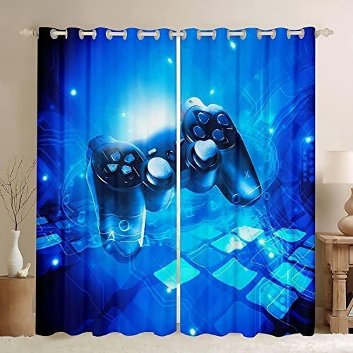 Vorhang Blickdicht Mit Ösen 3D Blaue Spielkonsole Verdunkelungsvorhang 2Er Set Gardine Polyester Für Schlafzimmer Kinderzimmer Hotel-Büro-Restaurant Wohnzimmer Dekoration Größe: 300 (B) X 28-2Z9I/O7