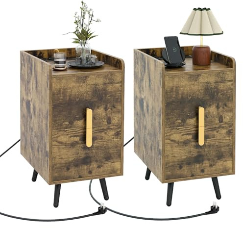 COSTWAY 2er Set Nachttisch mit Ladestation, schmaler Nachtschrank mit 2 Schubladen & USB-Anschlüssen, Beistelltisch mit Metallbeinen, Nachtkommode für Schlafzimmer, Wohnzimmer, 32 x 40 x 60 cm