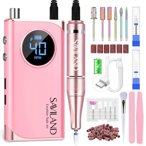 Saviland Kit de forage à ongles professionnel, 4000 mAh, capacité 40 000 tr/min, pour manucure acrylique, pédicure, nail art, 13 embouts de forage à ongles, 56 bandes de sable, rose cerise