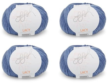 ggh Lacy Set | 4x25g (insgesamt 100g) Set| 150m/25g Merinowolle mit Seide zum Stricken | Farbe 021 - Blau