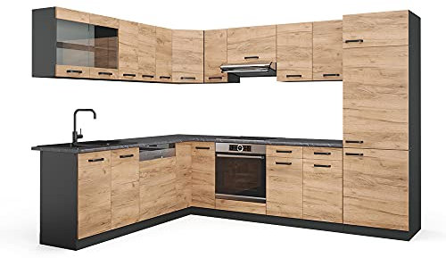 Vicco Eckküche R-Line, Goldkraft Eiche/Anthrazit, 227 x 287 cm, AP Anthrazit