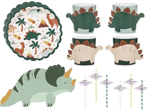 48 Teile Geschirrset Dino Partygeschirr Kindergeburtstag Dinosaurier Teller Becher Sleeves: Servietten Dinoparty Geburtstag Junge Mädchen Geschirr Set für 12 Personen