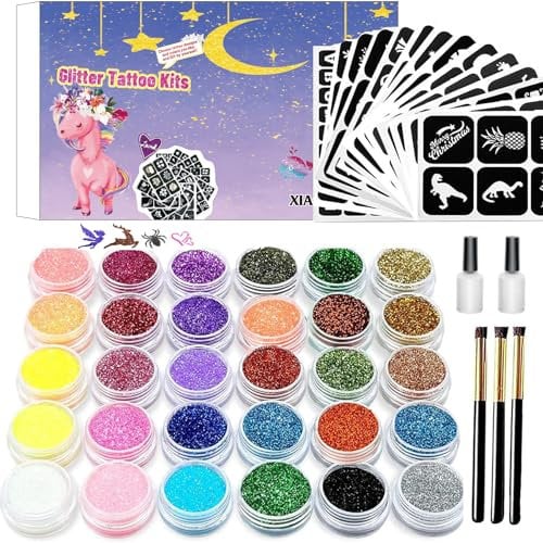 Temporary Glitter Tattoos Kit for Kids - 30 Color Body Glitter, 135 Tattoo Stencil, Festival Make-up for Girls, Kids, Teenagers & Adults